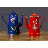 Two enamel coffee pots, one dark blue —10¾in. (27cm.) high and the other red, both with floral