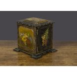 A 19th Century papier-mâché jewellery casket, with transfer-printed foliage and flower panels,