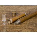 A 19th Century flask and glass Malacca walking stick, with two unscrewable compartments hiding a