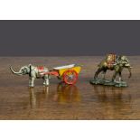 A Meier Penny Toy hunting elephant, lithographed tinplate with howdah on shaped base —3in. (7.