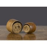 Two small 19th Century wooden butter stamps, plunger types, one carved with a thistle and the