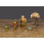 Cold-painted bronze birds and mouse, an owl —1½in. (3.5cm.) high; a parrot and mouse; and marabou