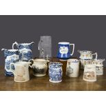 English transfer-printed beer jugs, one blue and white with Royal coat of arms and ‘Imperial