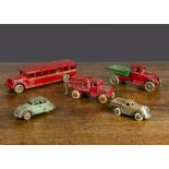 Cast-iron vehicles, Arcade Toys - red and green tipping wagon with silver wheels and paper label —