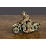 A Tipp & Co German Wehrmacht military dispatch rider, clockwork lithographed tinplate motorcycle