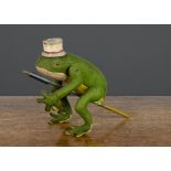 A rare Bing clockwork leaping felt frog 1910-20s, dark green felt with yellow belly and white
