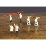Dinky and Britains Painter figures, Britains figures carrying ladder, with original ladder and two