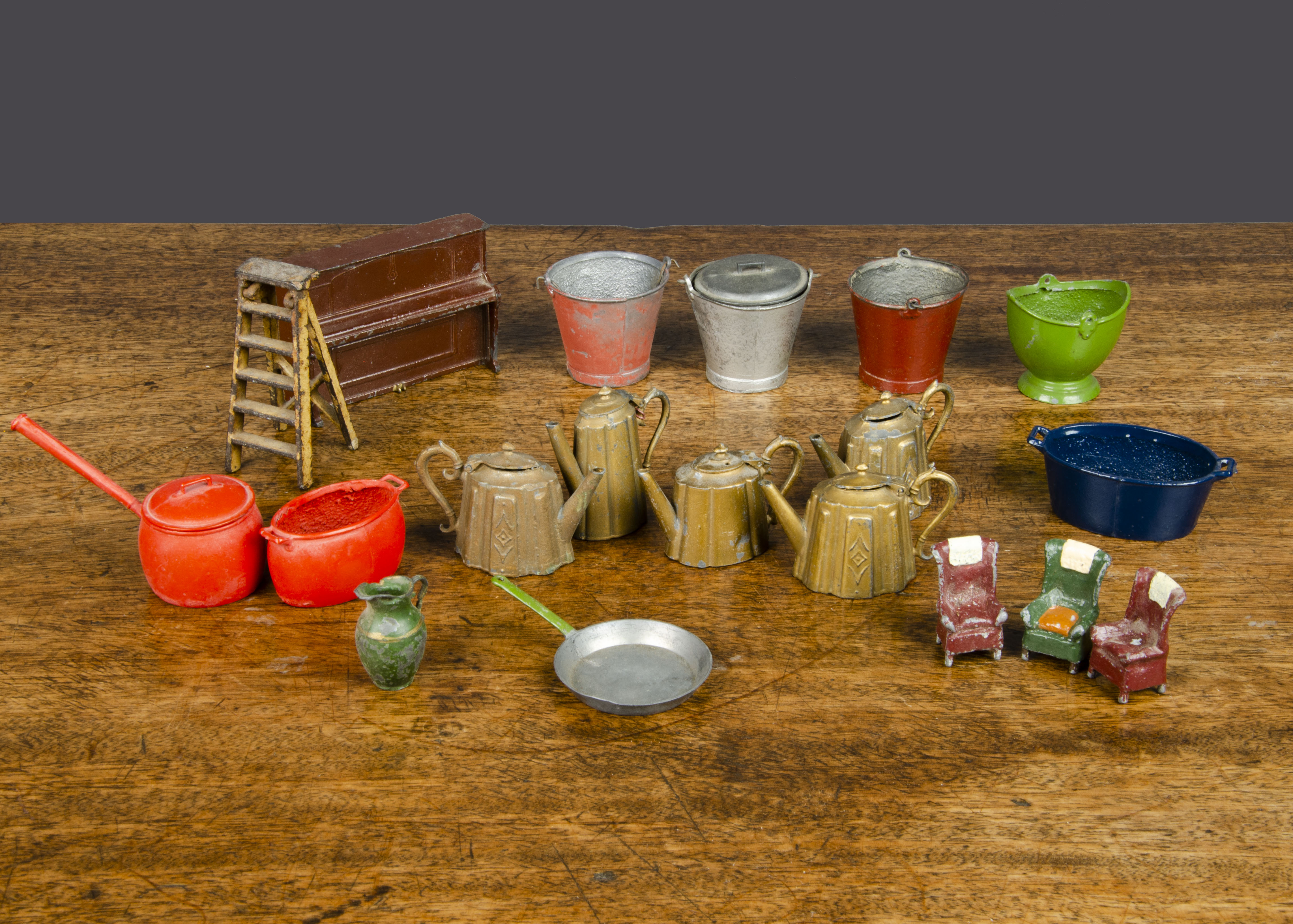 Dolls’ house and doll toy manufacturer items, Britains - red-painted saucepan and two handled pan, a