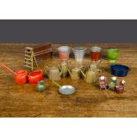 Dolls’ house and doll toy manufacturer items, Britains - red-painted saucepan and two handled pan, a