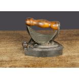 A J & J Siddons West Bromwich iron box iron, with unusual unlatching lidded top, turned wooden