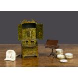 A fine dolls’ house miniaturist chinoiserie bureau, painted green with all drawers and doors