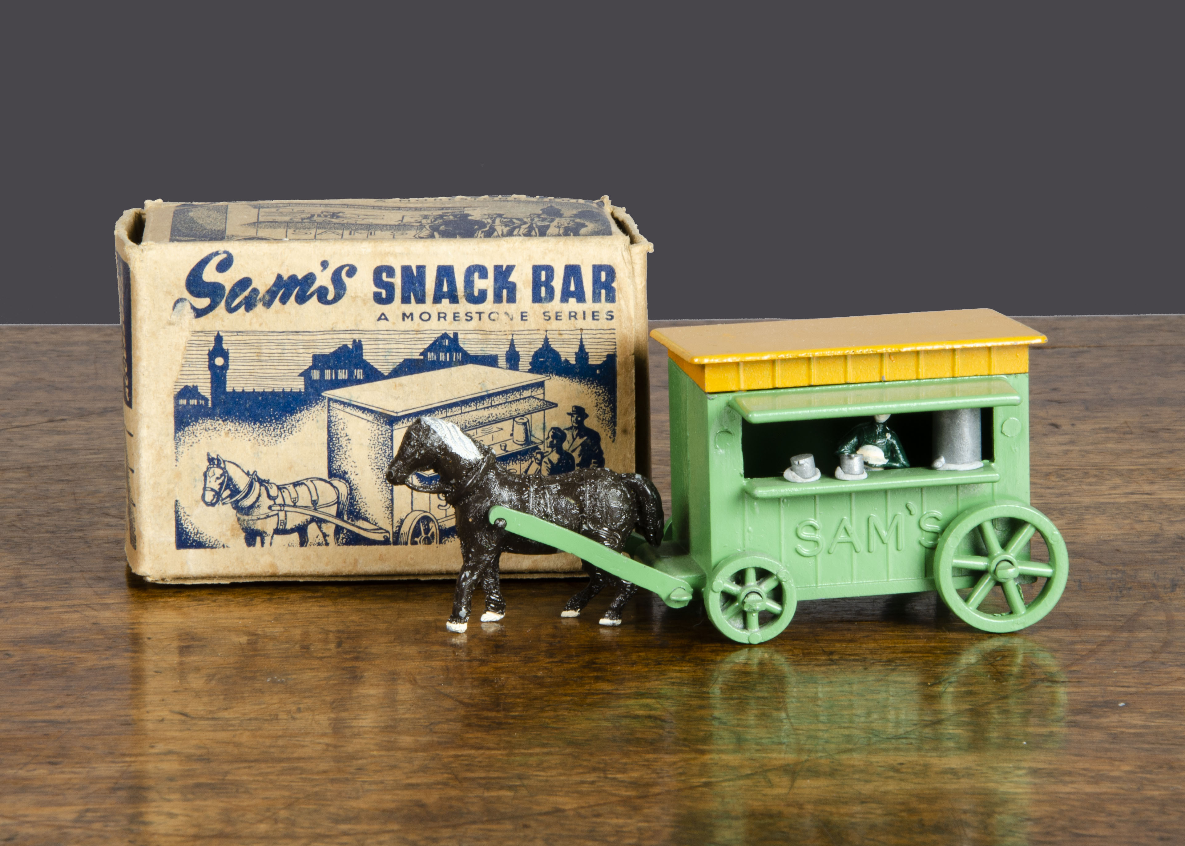 A Morestone Sam’s Snack Bar, complete with owner, tea urn and two mugs, in original box (VG, box G)