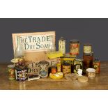 Produce tins and containers, including The ‘Trade’ Dry Soap wooden box —15½in. (39.5cm.) wide;