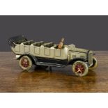 A Tipp & Co ‘Silver Queen’ clockwork tinplate charabanc, lithographed silver with black lining,