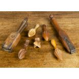 Wooden lemon squeezers, two hinged types —13½in. (34.5cm.) long and five various pointed and fluted