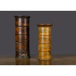 Two 19th Century wooden screw spice towers, the larger with five containers for Allspice, Ginger,