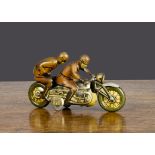 A Kellermann clockwork tinplate motorcycle and pillion, No MR353, lithographed brown dressed riders,