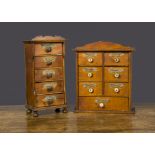 Two 19th Century spice cabinets, one with six short drawers and one long drawer with metal name
