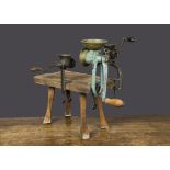 Three table-attachment hand-cranked kitchen gadgets, an Ideal P & C Porkert blue-painted meat