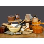 A quantity of kitchenalia, a carved wooden bread board ‘Be Thankful’ (damaged edge), two potato