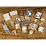 Dolls’ house pictures, mainly gilt framed, one soft metal, a mirror and an oak frame
