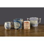 Four 19th Century transfer-printed novelty mugs, a blue transfer puzzle mug ‘The Mill, The House,