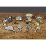 Silver and silver-metal miniature items, an English silver miniature hand mirror decorated with