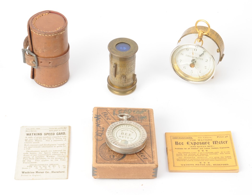 Watkins Light Meters, brass cylindrical Watkins Exposure Meter, R Field & Co, Birmingham, in leather