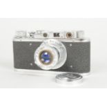 A Replica Leica II Camera, probably a FED I, bright chrome finish, body G-VG, shutter curtain