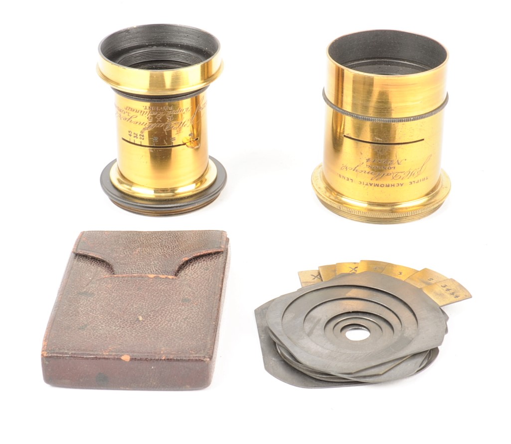 Dallmeyer Brass Lenses, 8in 'Triple Achromatic Lens', with Waterhouse-stop slot, serial no 2814,