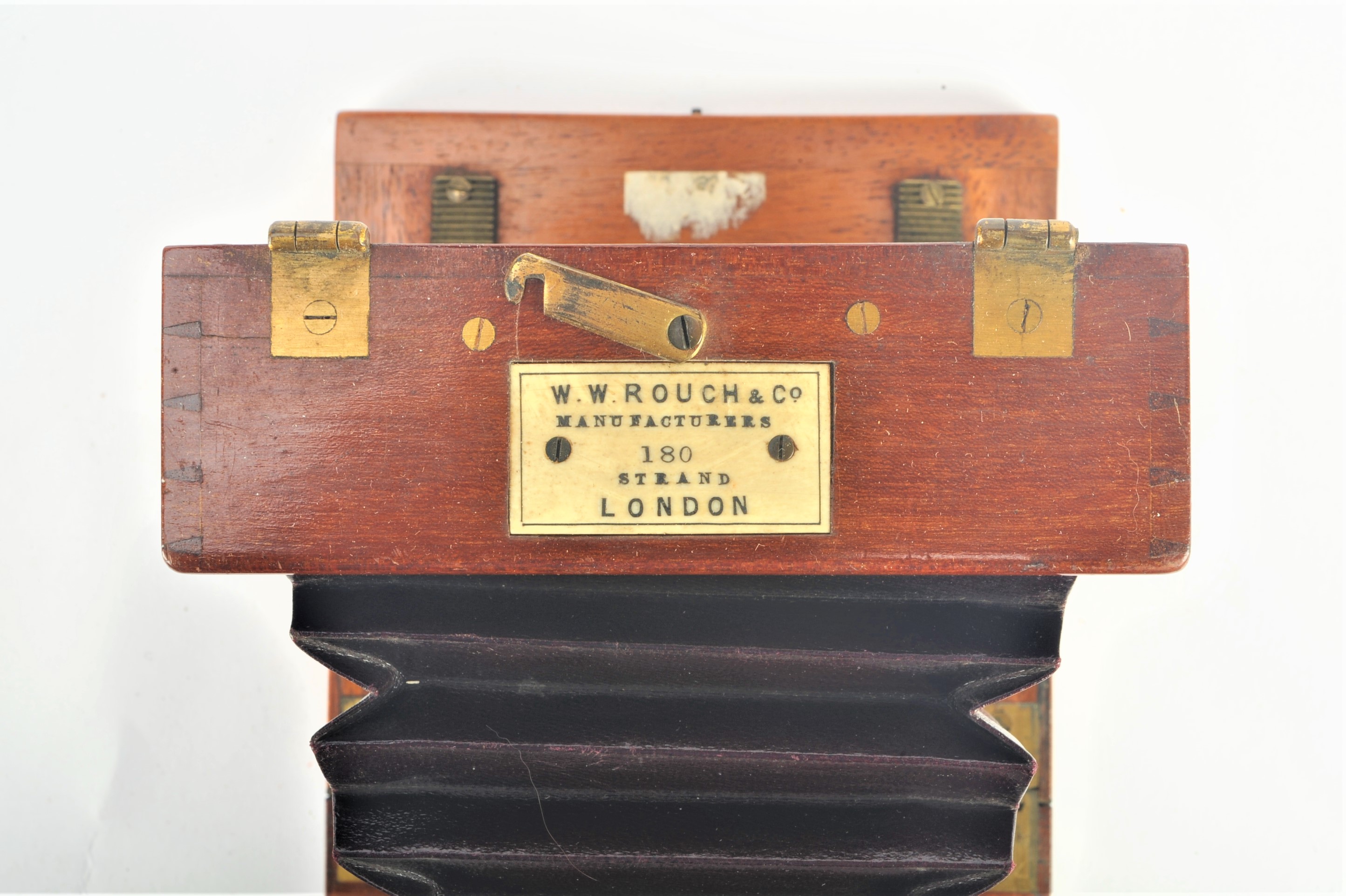 A 19th Century mahogany and brass quarter-plate Rouch Tailboard Field Camera, with inset maker's - Image 2 of 3