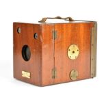 A late 19th Century mahogany sliding-box quarter-plate Tylar's 'Perfect' Camera, with maker's