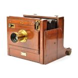 A 19th Century mahogany and brass 7¼in x 4½in Collins Stereo Tailboard Camera, circa 1870, with