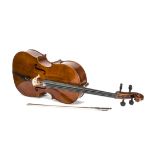 Cello, a student ¾ size cello - generally in good condition with a chip to edge and a mark on the