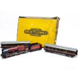 A Boxed Bassett-Lowke 0 Gauge clockwork 'Royal Scot' Train Pack, containing LMS lithographed crimson