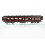 An Exley 0 Gauge LMS Main Line 57' 1st Class Dining Car, in LMS crimson with hand-painted yellow/red