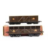 Boxed Hornby O Gauge No 2 Southern Railway Freight Stock, comprising a SR brown cattle truck and a