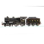 A GER-styled O Gauge clockwork Class D16/2 4-4-0 Locomotive and Tender, with scratchbuilt slightly