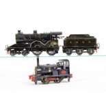 A GER-styled O Gauge clockwork 4-4-0 Locomotive and Tender and Unpowered 0-4-0ST, the 4-4-0 with