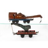 Vintage Bing/Bub 0 Gauge 10 Ton Crane Wagons, large bogie-framed Bing crane in brown with blue base,