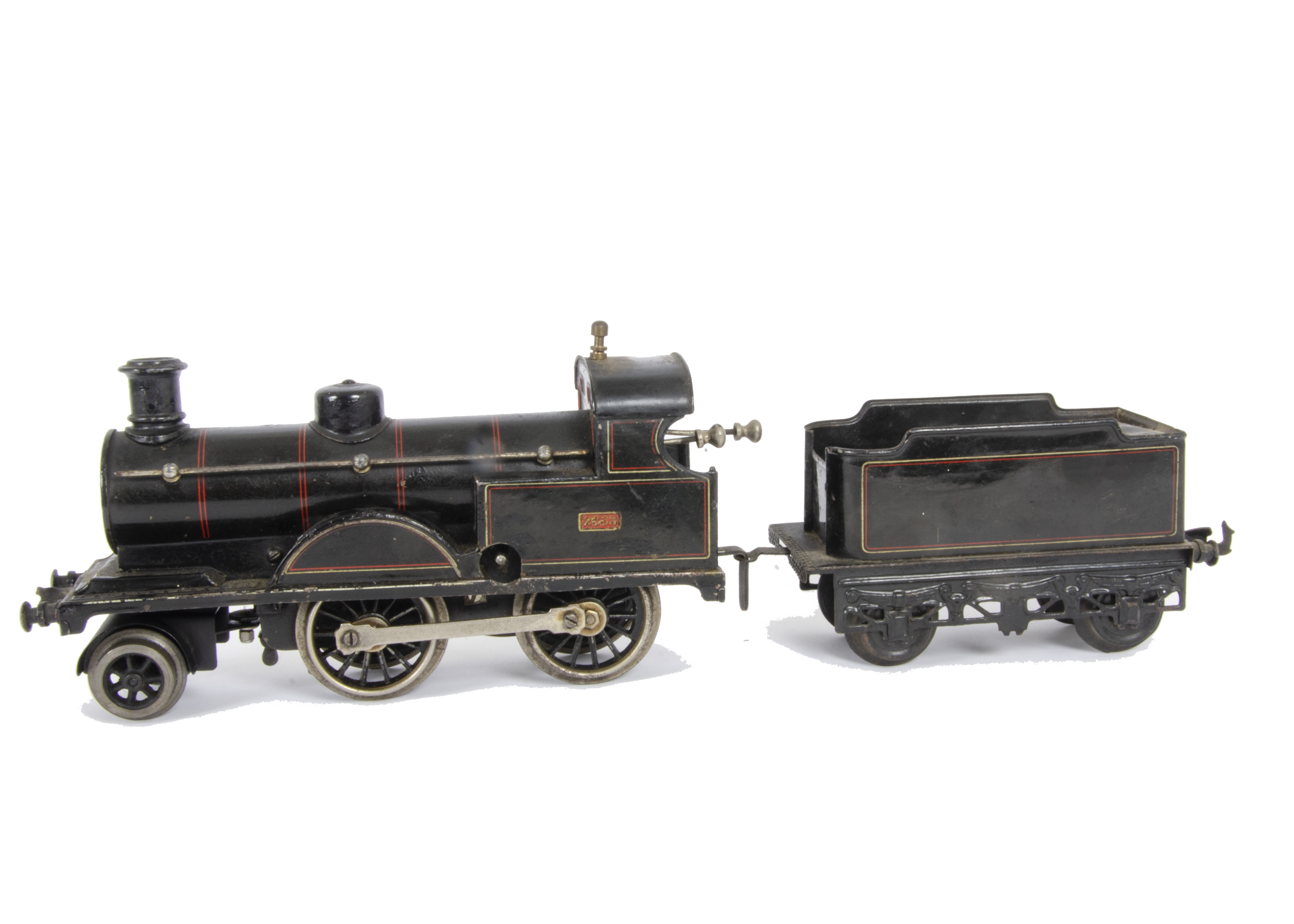 A Post-WW1 Gauge 1 Bing (BW) 2-4-0 clockwork Locomotive and Tender, in LNWR red-lined black as no