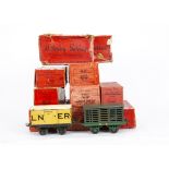 Boxed Pre-War Hornby O Gauge 'OAG' Freight Stock, comprising GW Snowplough (fan detached), LMS crane