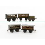 Bing 0 Gauge 4-wheel GWR Coaches and Tender, brown with yellow and red lining coaches, one with