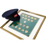 Railway Related Badges and a BR Peaked Cap, a framed and glazed montage of reproduction brass badges