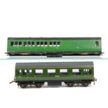Modified Exley 0 Gauge Coaches, one a shortened coach now with white-metal copy LMC bogies and
