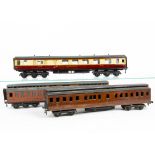 Three Hand-Built O Gauge Wooden Carriages, the bodies possibly from CCW or similar kits,