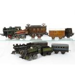 clockwork 0 Gauge Trains by Various Makers, a Distler lined green 0-4-0, tender, purple coach (