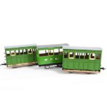 Six G Scale Kit-built 4-wheeled Coaching Stock, five with twin doors to each side and open