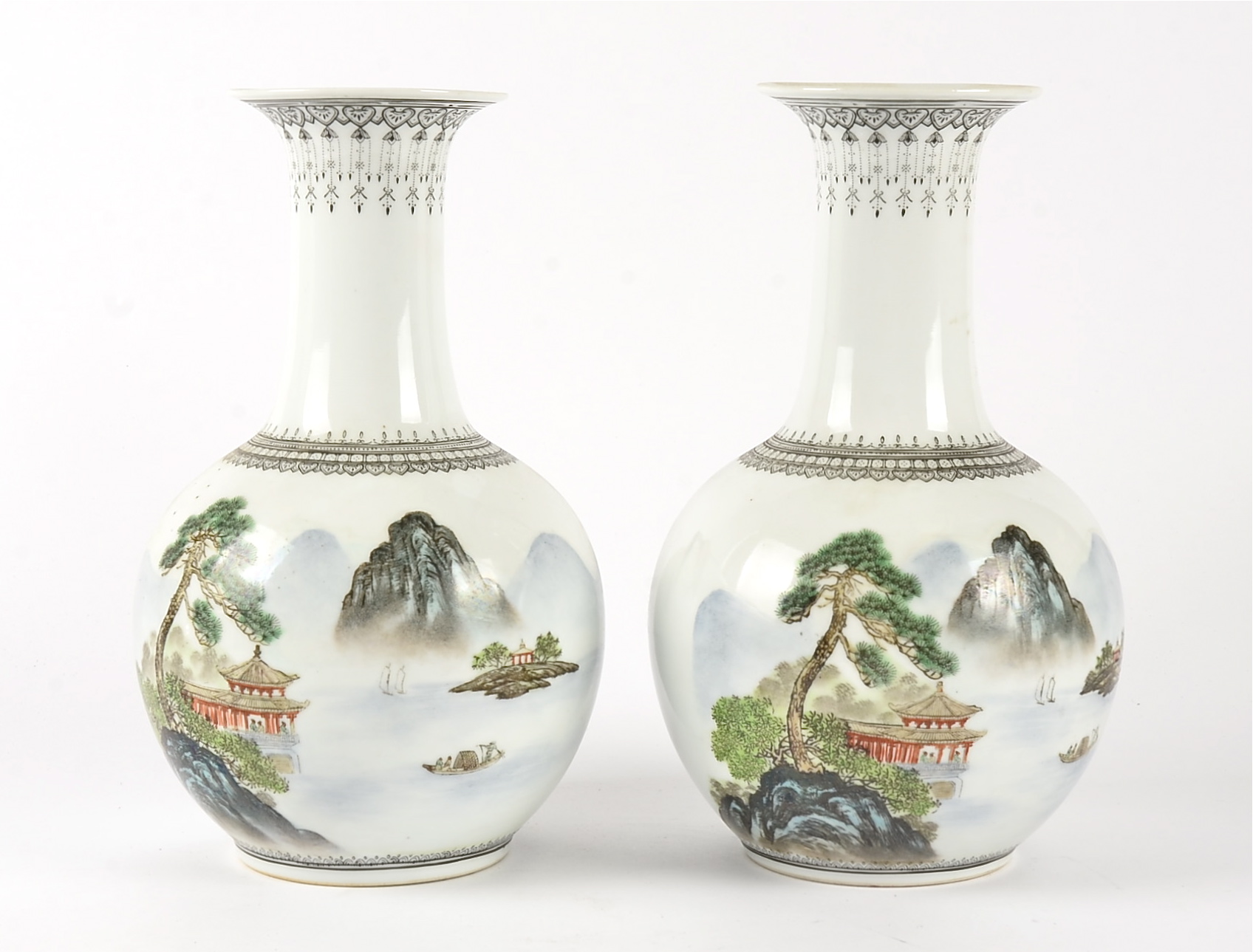 A pair of Chinese 20th Century vases, each bulbous body with polychrome over glaze enamel - Image 5 of 5