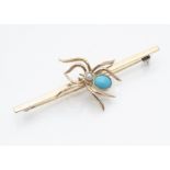 A 9ct gold turquoise and pearl spider brooch, the spider having turquoise abdomen and pearl body